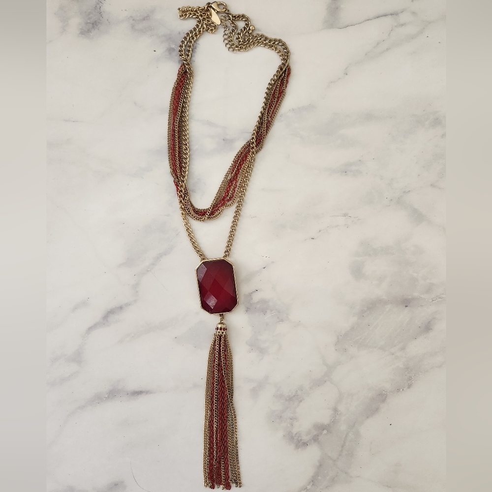 NY Collection Red Gold Rhinestone Tassle Necklace - Picture 2 of 10
